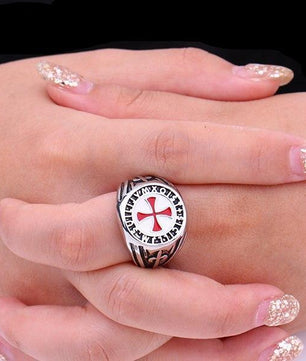 Retro Red Enamel Cross Shield Ring Vintage Men Silver Assassins Jewelry Knights - Lusy Store