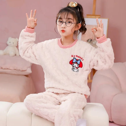 Sanrio Pajamas Flannel Kids Melody Cinnamoroll Kuromi Girls Round Neck Home Clothes - Lusy Store LLC