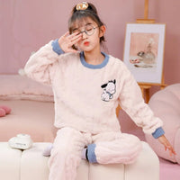 Sanrio Pajamas Flannel Kids Melody Cinnamoroll Kuromi Girls Round Neck Home Clothes - Lusy Store LLC