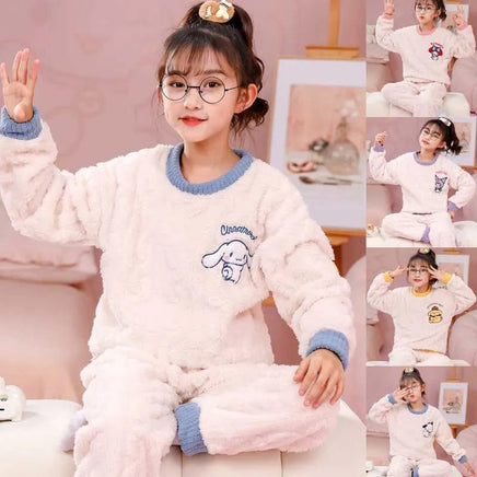 Sanrio Pajamas Flannel Kids Melody Cinnamoroll Kuromi Girls Round Neck Home Clothes - Lusy Store LLC