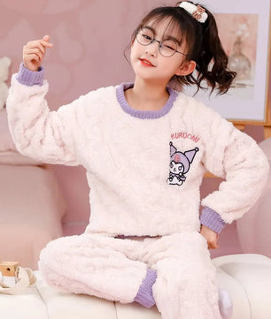 Sanrio Pajamas Flannel Kids Melody Cinnamoroll Kuromi Girls Round Neck Home Clothes - Lusy Store LLC