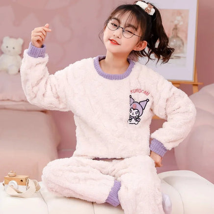 Sanrio Pajamas Flannel Kids Melody Cinnamoroll Kuromi Girls Round Neck Home Clothes - Lusy Store LLC