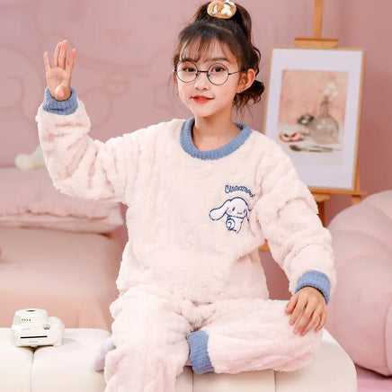 Sanrio Pajamas Flannel Kids Melody Cinnamoroll Kuromi Girls Round Neck Home Clothes - Lusy Store LLC