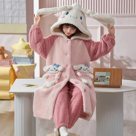 Sanrio Pajamas Kawaii Anime Kuromi Cinnmoroall Cute Girl Coral Fleece Keep Warm Tracksuit Sweet Girl Plush Pajamas Suit - Lusy Store LLC