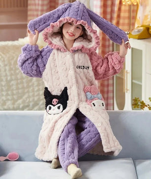 Sanrio Pajamas Kawaii Anime Kuromi Cinnmoroall Cute Girl Coral Fleece Keep Warm Tracksuit Sweet Girl Plush Pajamas Suit - Lusy Store LLC