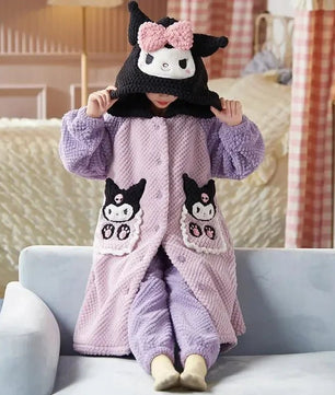 Sanrio Pajamas Kawaii Anime Kuromi Cinnmoroall Cute Girl Coral Fleece Keep Warm Tracksuit Sweet Girl Plush Pajamas Suit - Lusy Store LLC
