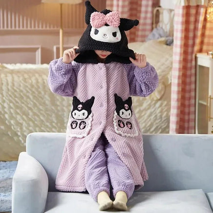 Sanrio Pajamas Kawaii Anime Kuromi Cinnmoroall Cute Girl Coral Fleece Keep Warm Tracksuit Sweet Girl Plush Pajamas Suit - Lusy Store LLC