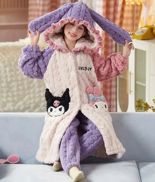 Sanrio Pajamas Kawaii Anime Kuromi Cinnmoroall Cute Girl Coral Fleece Keep Warm Tracksuit Sweet Girl Plush Pajamas Suit - Lusy Store LLC
