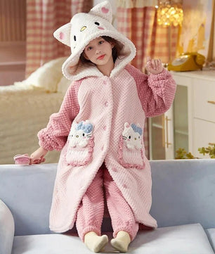 Sanrio Pajamas Kawaii Anime Kuromi Cinnmoroall Cute Girl Coral Fleece Keep Warm Tracksuit Sweet Girl Plush Pajamas Suit - Lusy Store LLC