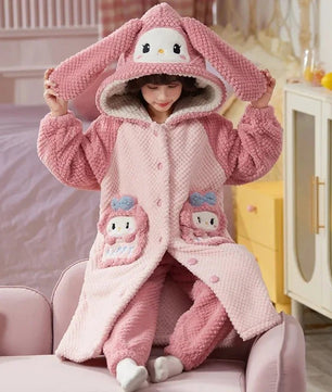 Sanrio Pajamas Kawaii Anime Kuromi Cinnmoroall Cute Girl Coral Fleece Keep Warm Tracksuit Sweet Girl Plush Pajamas Suit - Lusy Store LLC