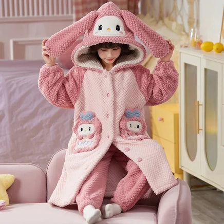 Sanrio Pajamas Kawaii Anime Kuromi Cinnmoroall Cute Girl Coral Fleece Keep Warm Tracksuit Sweet Girl Plush Pajamas Suit - Lusy Store LLC