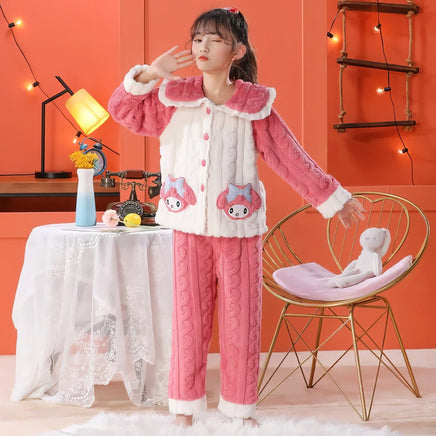 Sanrio Pajamas Kuromi Plush Girls Melody Cinnamoroll Coral Velvet Cardigan Princess Style - Lusy Store LLC