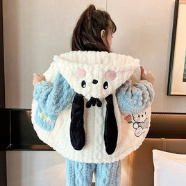 Sanrios Pajamas Kuromi Cinnamoroll Children Hooded Kawaii My Melody Pochacco Coral Plush Thickened