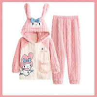Sanrios Pajamas Kuromi Cinnamoroll Children Hooded Kawaii My Melody Pochacco Coral Plush Thickened 2