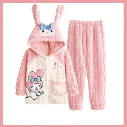 Sanrios Pajamas Kuromi Cinnamoroll Children Hooded Kawaii My Melody Pochacco Coral Plush Thickened 2