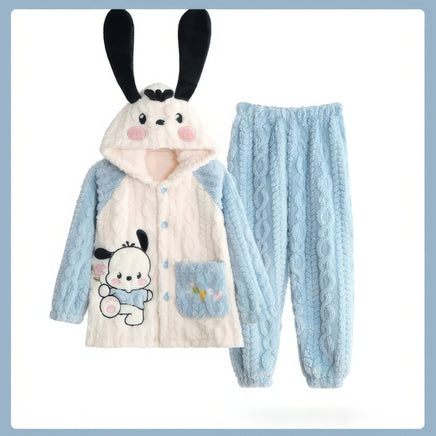 Sanrios Pajamas Kuromi Cinnamoroll Children Hooded Kawaii My Melody Pochacco Coral Plush Thickened - Lusy Store LLC