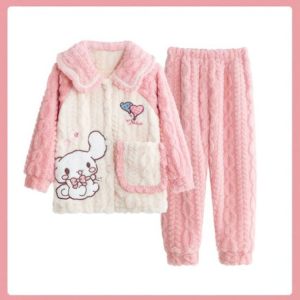 Sanrios Pajamas Kuromi Cinnamoroll Children Hooded Kawaii My Melody Pochacco Coral Plush Thickened 3
