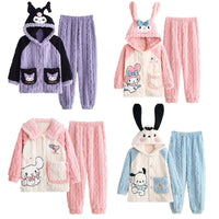 Sanrios Pajamas Kuromi Cinnamoroll Children Hooded Kawaii My Melody Pochacco Coral Plush Thickened