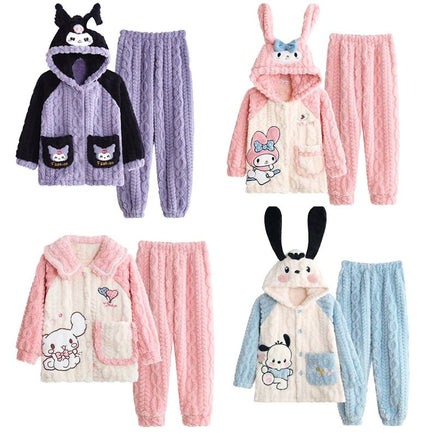 Sanrios Pajamas Kuromi Cinnamoroll Children Hooded Kawaii My Melody Pochacco Coral Plush Thickened