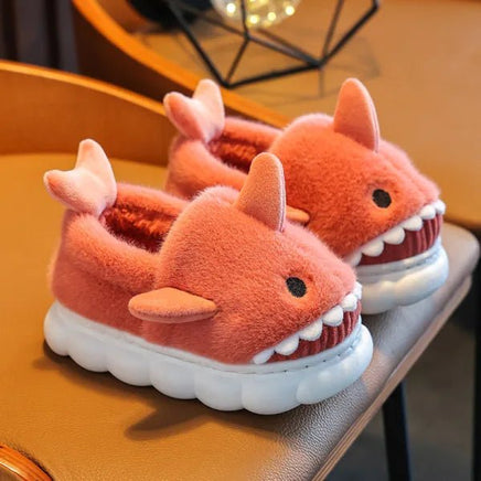 Shark Slippers Heel Wrap Cotton Childrens Cute Cartoon Non-slip Soft Sole Kids Boys Girls Plush Home Shoes Red