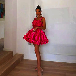 Short Prom Dresses Pretty Fashion Sleeveless Satin Ruffles Pleated Ball Gown Women D405 As picture