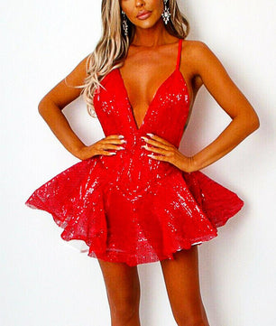 Short Prom Dresses Sequins Sequins V-neck Short Mini Dress Wear Halter High Waist Prom Dress D408 - Lusy Store