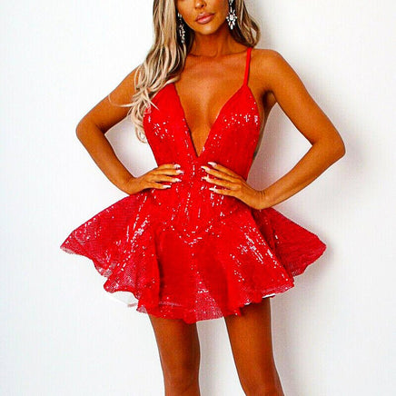 Short Prom Dresses Sequins Sequins V-neck Short Mini Dress Wear Halter High Waist Prom Dress D408 - Lusy Store
