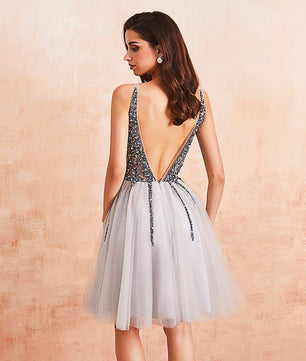 Short Prom Dresses Sparkle Crystal Beaded Short Cocktail Dresses Dress Double V-Neck D404 - Lusy Store