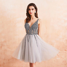 Short Prom Dresses Sparkle Crystal Beaded Short Cocktail Dresses Dress Double V-Neck D404 White