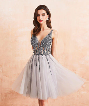 Short Prom Dresses Sparkle Crystal Beaded Short Cocktail Dresses Dress Double V-Neck D404 - Lusy Store