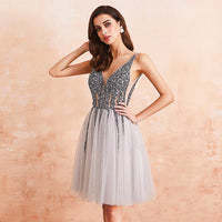 Short Prom Dresses Sparkle Crystal Beaded Short Cocktail Dresses Dress Double V-Neck D404 - Lusy Store