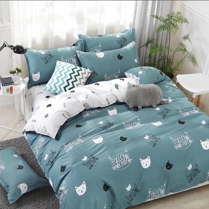 Solstice Home Textile Cyan Cute Cat Kitty Duvet Cover Pillow Case Bed Sheet Boy Kid Teen Girl Bedding Linens Set - Lusy Store