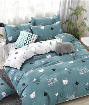 Solstice Home Textile Cyan Cute Cat Kitty Duvet Cover Pillow Case Bed Sheet Boy Kid Teen Girl Bedding Linens Set - Lusy Store