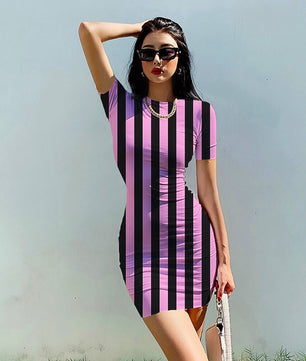 Striped Dress O Neck Fashion Clothing Casual Party Bodycon Mini Dress D510 - Lusy Store