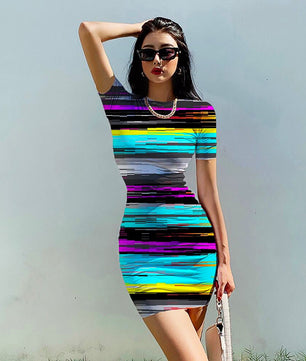 Striped Dress O Neck Fashion Clothing Casual Party Bodycon Mini Dress D510 - Lusy Store