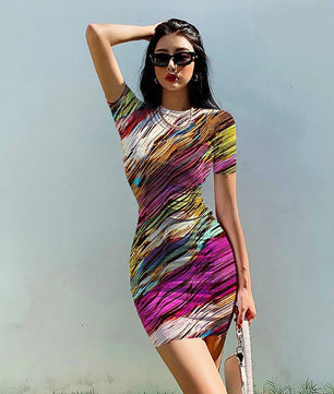 Striped Dress O Neck Fashion Clothing Casual Party Bodycon Mini Dress D510 - Lusy Store