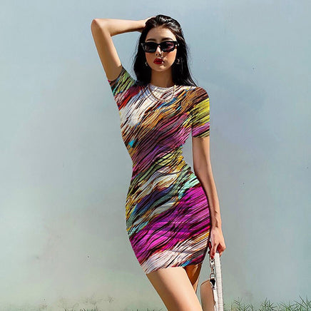 Striped Dress O Neck Fashion Clothing Casual Party Bodycon Mini Dress D510 - Lusy Store