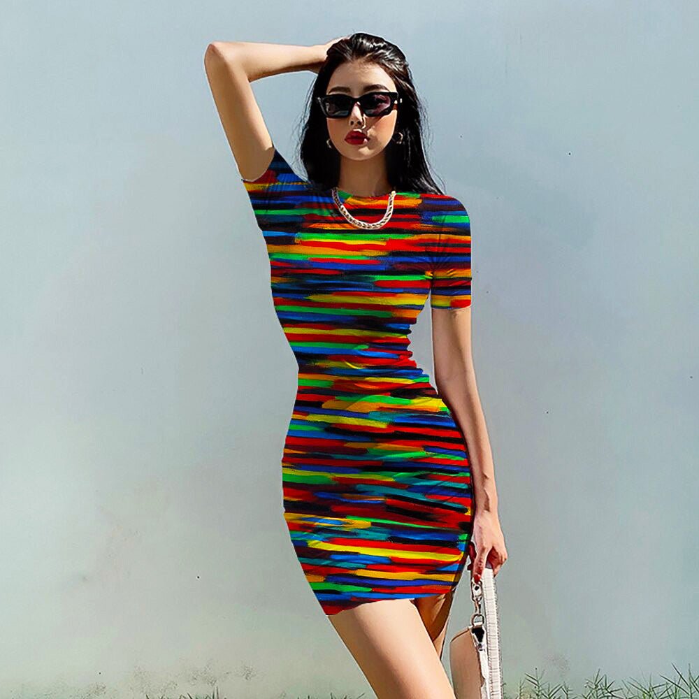Striped Dress O Neck Fashion Clothing Casual Party Bodycon Mini Dress D510 - Lusy Store