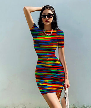 Striped Dress O Neck Fashion Clothing Casual Party Bodycon Mini Dress D510 - Lusy Store