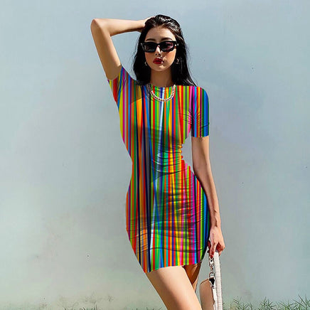 Striped Dress O Neck Fashion Clothing Casual Party Bodycon Mini Dress D510 - Lusy Store