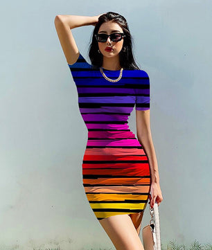 Striped Dress O Neck Fashion Clothing Casual Party Bodycon Mini Dress D510 - Lusy Store