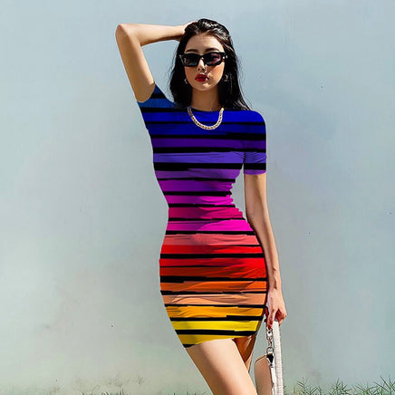 Striped Dress O Neck Fashion Clothing Casual Party Bodycon Mini Dress D510 - Lusy Store