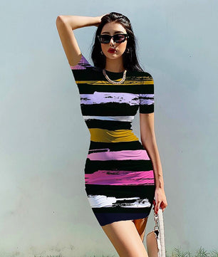 Striped Dress O Neck Fashion Clothing Casual Party Bodycon Mini Dress D510 - Lusy Store