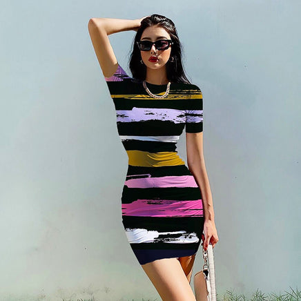 Striped Dress O Neck Fashion Clothing Casual Party Bodycon Mini Dress D510 - Lusy Store