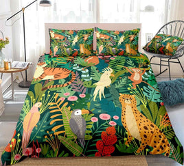 Tropical Bedding Wild Animals Plants Duvet Cover Set Parrot Monkey Pattern Palm Leaves For Kids - Lusy Store