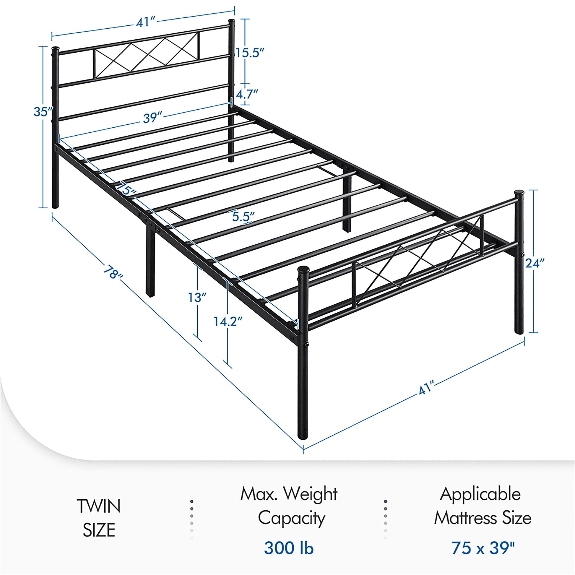 Twin Bed Headboard & Footboard Metal X-Design Black Bedroom Furniture F384 - Lusy Store
