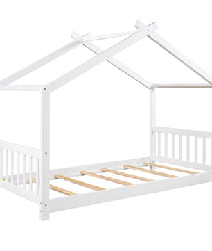 Twin Bed House Platform Bed with Headboard and Footboard Roof Design F407 - Lusy Store