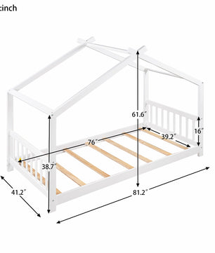 Twin Bed House Platform Bed with Headboard and Footboard Roof Design F407 - Lusy Store