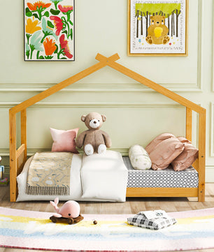 Twin Bed House Platform Bed with Headboard and Footboard Roof Design F407 - Lusy Store