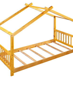 Twin Bed House Platform Bed with Headboard and Footboard Roof Design F407 - Lusy Store